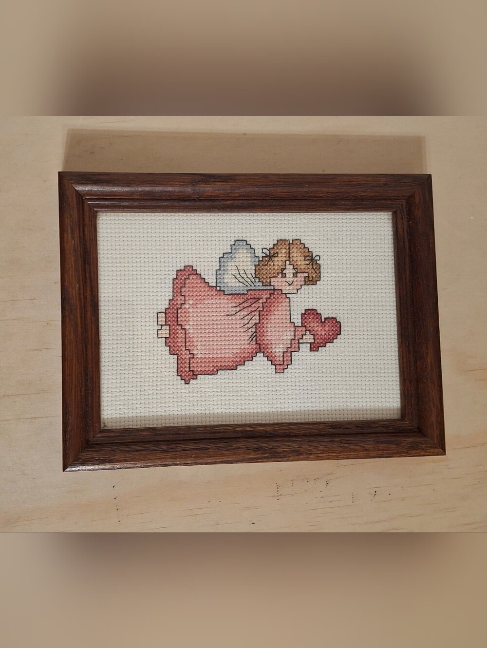 Vintage Framed Angel Cross Stitch – Handmade 5x7 home Decor
